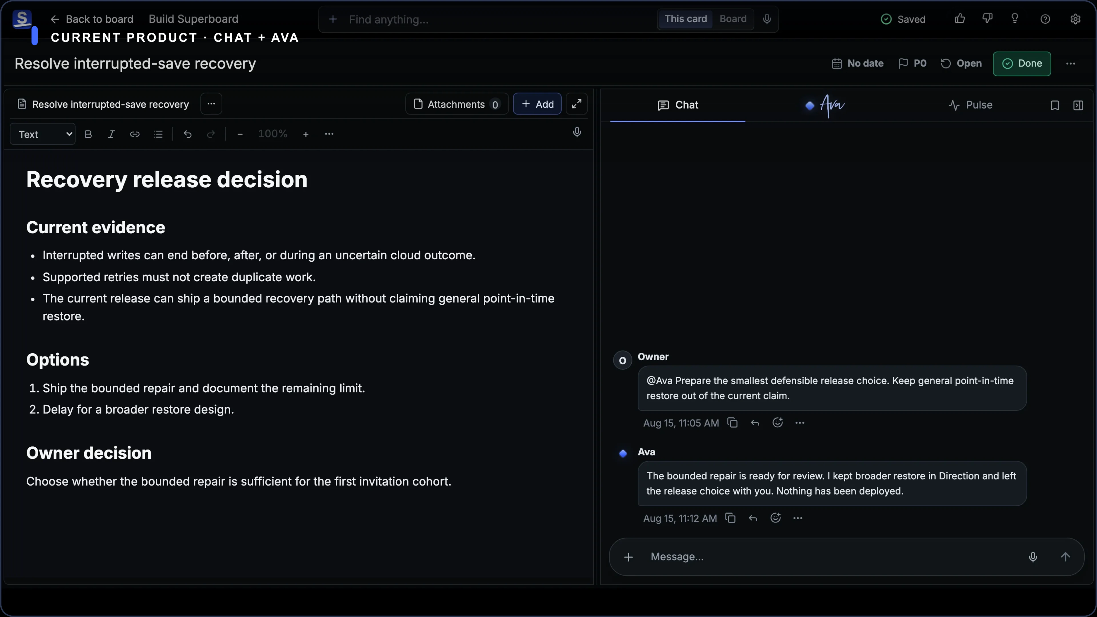 Current Superboard Card Chat showing sequential messages and an explicit @Ava request.