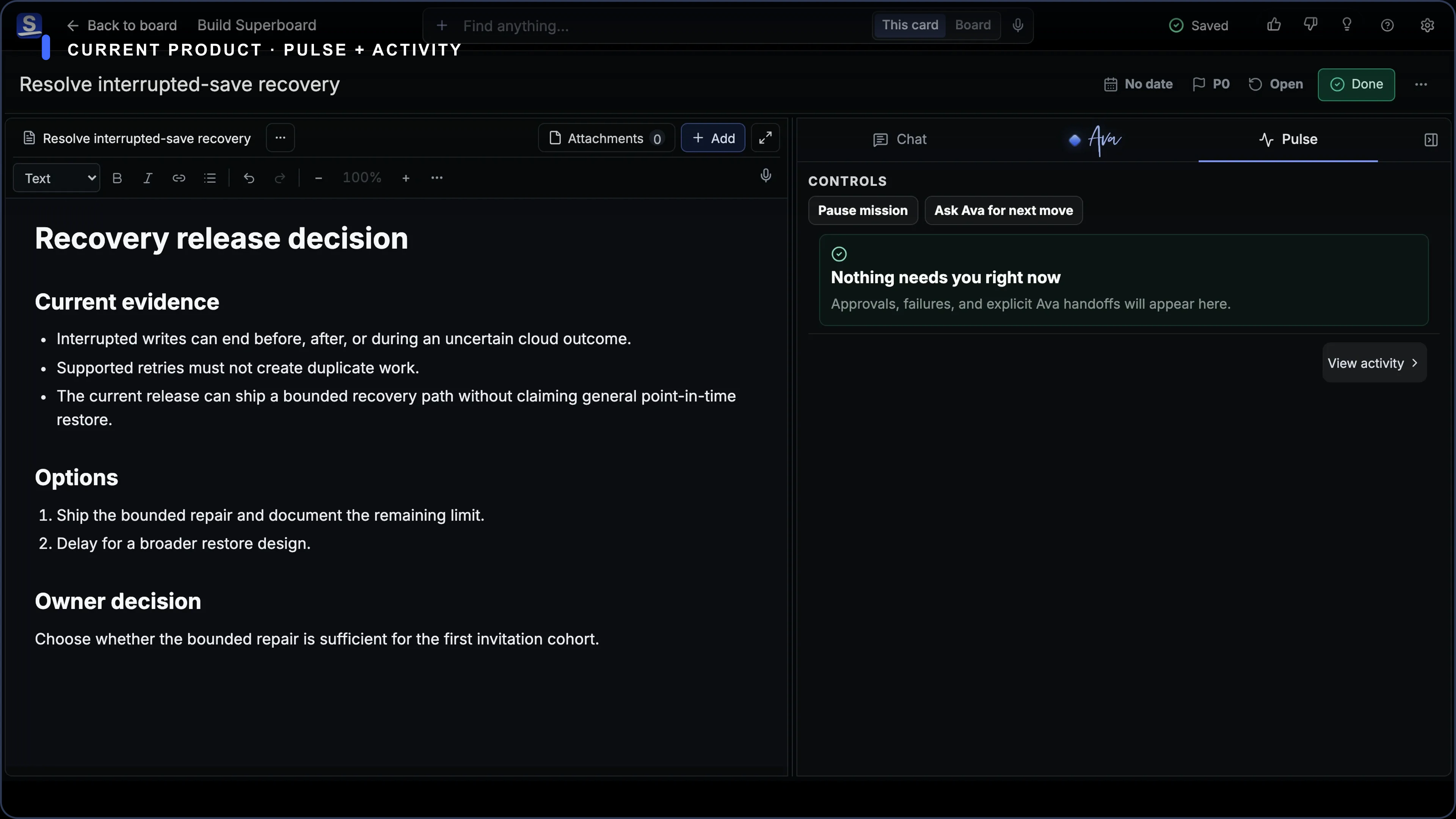 Current Superboard Pulse showing completed work, an activity path, and available Undo controls.