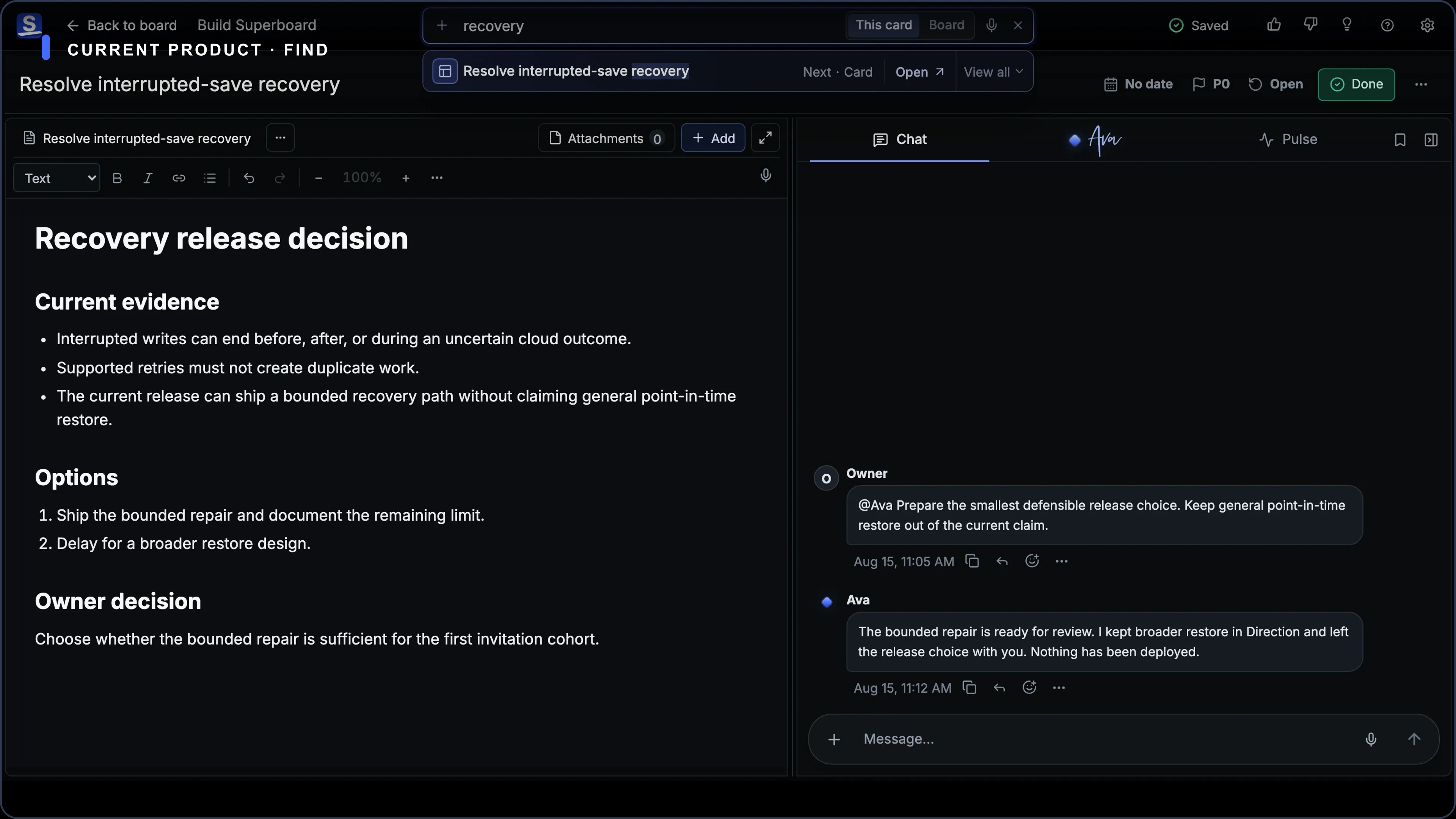 Current Superboard Find panel showing Card and Board search scopes inside the product.