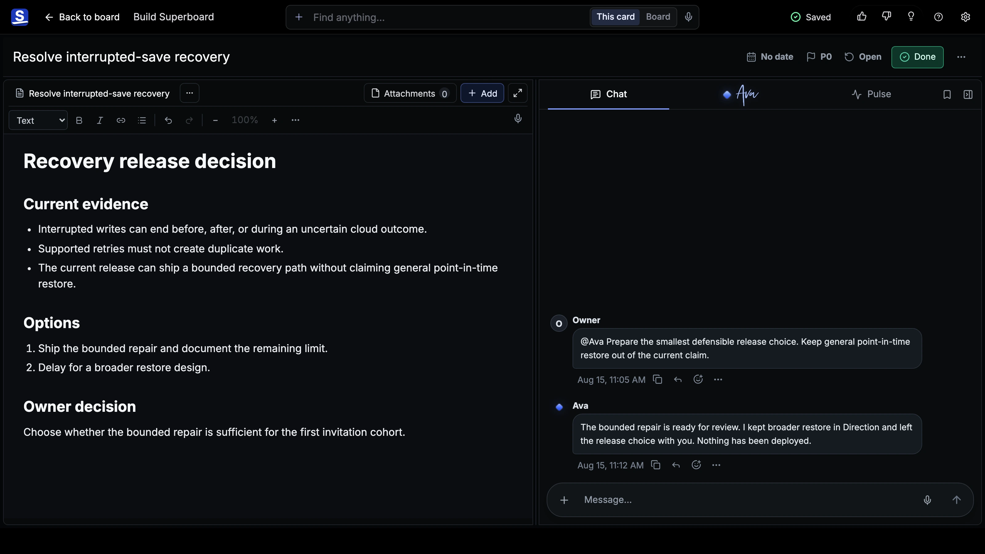 Current Card Chat showing an explicit request to Ava, Ava’s attributed reply, message actions, and the persistent composer.