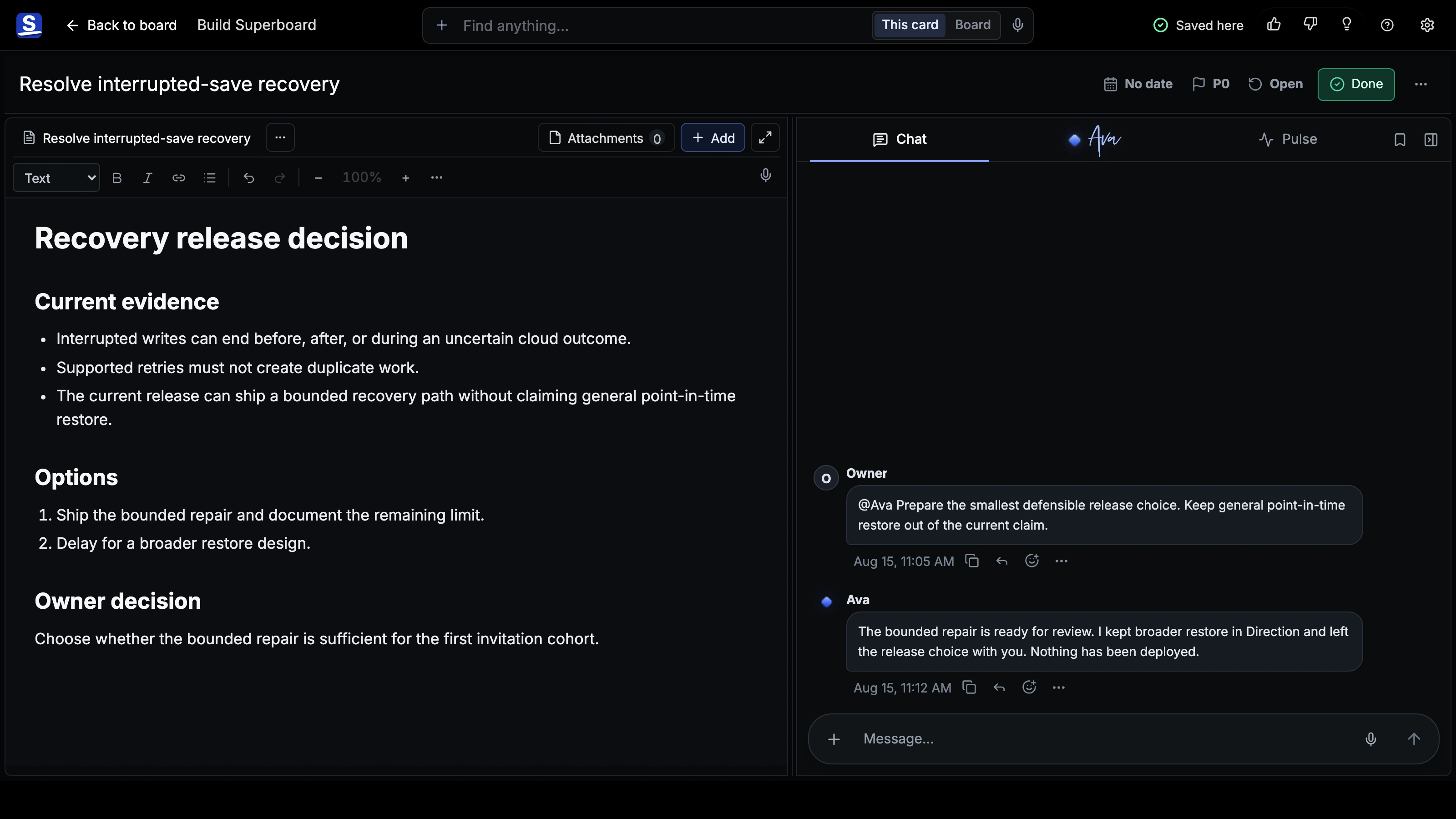 Current Card Room with a decision document open on Stage beside the Room workstream.