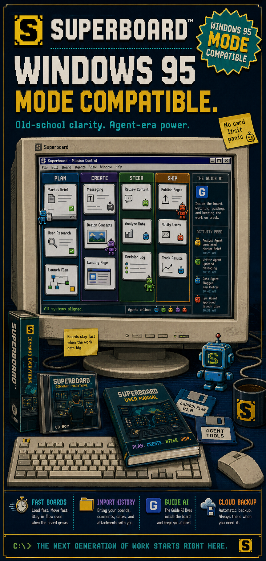 1995-style Superboard poster with the headline Windows 95 Mode Compatible and a CRT monitor running Superboard Mission Control.